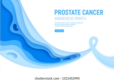 Prostate cancer awareness month paper cut concept. Paper art blue ribbon - November health care symbol. International health campaign for man. Craft vector illustration
