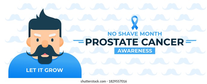 Prostate cancer awareness month. Poster with moustache and blue ribbon.
