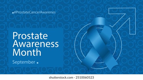 Prostate Cancer Awareness Month. September observance campaign design poster. Blue Featuring ribbon and male gender symbol on Monochrome blue patterned background.