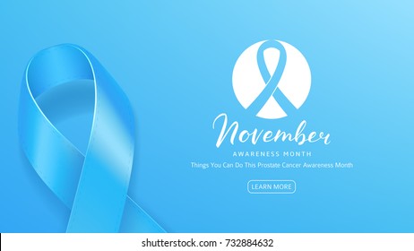 Prostate Cancer Awareness Month Web Banner. Light Blue Background with Satin Ribbon and Lettering. Men Healthcare Concept Logo. Vector Illustration.