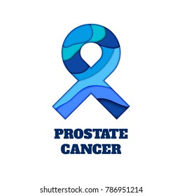 Prostate cancer awareness poster. Light blue ribbon made in 3D paper cut and craft style on white background. Men's health medical concept. Vector illustration.