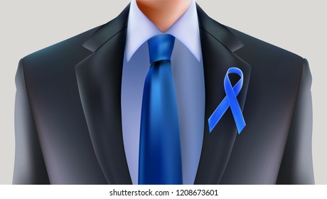 Prostate cancer awareness poster of man wearing male suit and tie with blue ribbon symbol of no shave november month