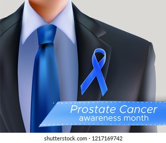 Prostate cancer awareness poster of man wearing male suit and tie with blue ribbon symbol of no shave november month