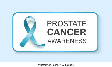 Prostate cancer awareness rectangle badge card with light blue ribbon emblem and text on white background, charity sticker template vector illustration