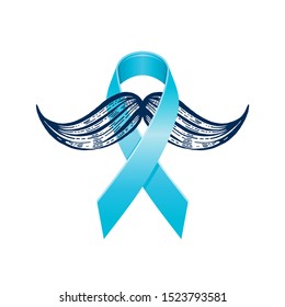 Prostate cancer awareness ribbon with moustaches. Men health symbol. Men cancer prevention in November month. Blue color concept. Engraved, 3d cartoon vector illustration isolated on white background