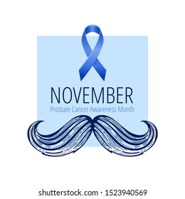 Prostate cancer awareness ribbon with moustaches. Men health symbol. Men cancer prevention in November month. Blue color concept. Engraved, 3d cartoon vector illustration isolated on white background