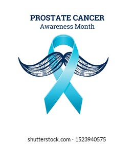 Prostate cancer awareness ribbon with moustaches. Men health symbol. Men cancer prevention in November month. Blue color concept. Engraved, 3d cartoon vector illustration isolated on white background