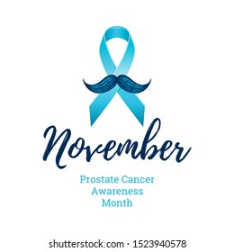 Prostate cancer awareness ribbon with moustaches. Men health symbol. Men cancer prevention in November month. Blue color concept. Engraved, 3d cartoon vector illustration isolated on white background