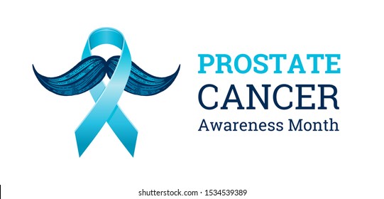 Prostate cancer awareness ribbon with moustaches. Men health symbol. Men cancer prevention in November month. Blue color concept. Engraved, 3d cartoon vector illustration isolated on white background