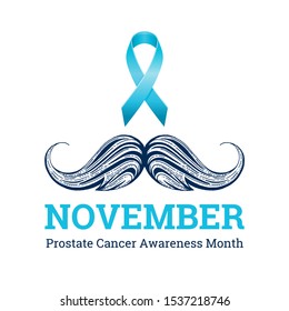 Prostate cancer awareness ribbon with moustaches. Men health symbol. Men cancer prevention in November month. Blue color concept. Engraved, 3d cartoon vector illustration isolated on white background