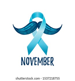 Prostate cancer awareness ribbon with moustaches. Men health symbol. Men cancer prevention in November month. Blue color concept. Engraved, 3d cartoon vector illustration isolated on white background