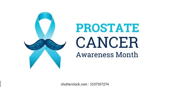 Prostate cancer awareness ribbon with moustaches. Men health symbol. Men cancer prevention in November month. Blue color concept. Engraved, 3d cartoon vector illustration isolated on white background