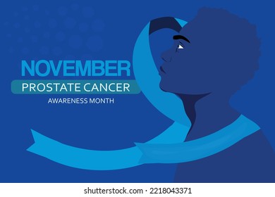 Prostate cancer awareness ribbon with moustaches. Men health symbol. Men cancer prevention in November month. Blue color concept.