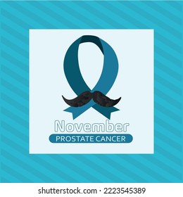 Prostate cancer awareness ribbon with moustaches. Men health symbol. Men cancer prevention in November month. Blue color concept.