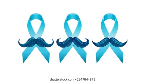 Cinta de sensibilización sobre el cáncer de próstata con bigotes. Símbolo de salud masculino. Prevención del cáncer masculino en noviembre del mes. El concepto de color azul. Ilustración vectorial de dibujos animados grabados en 3d aislada en fondo blanco