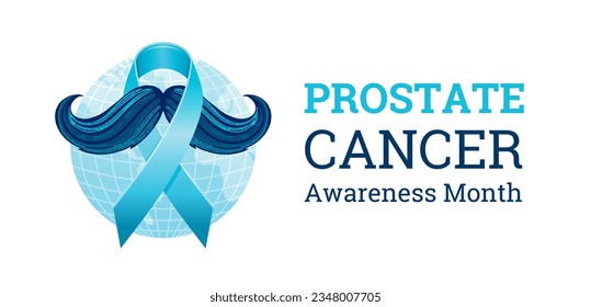 Prostate cancer awareness ribbon with moustaches. Men health symbol. Man cancer prevention in November month. Blue color concept. Engraved, 3d cartoon vector illustration isolated on white background