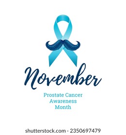 Prostate cancer awareness ribbon with moustaches. Men health logo. Man cancer prevention in November month. Blue color concept. Engraved, 3d cartoon vector illustration isolated on white background