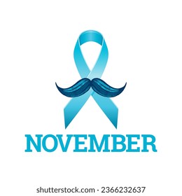 Prostate cancer awareness ribbon with moustaches. Men health logo. Man cancer prevention in November month. Blue color concept. Engraved 3d cartoon vector illustration isolated on white background
