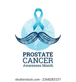 Prostate cancer awareness ribbon with moustaches. Men health logo. Man cancer prevention in November month. Blue color concept. Engraved, 3d cartoon vector illustration isolated on white background