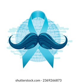 Prostate cancer awareness ribbon with moustaches. Men health logo. Man cancer prevention in November month. Blue color concept. Engraved, 3d cartoon vector illustration isolated on white background