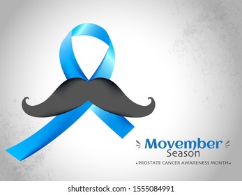 Prostate Cancer Awareness ribbon with mustache illustration on white grunge background for Movember Season concept. Can be used as banner or poster design.