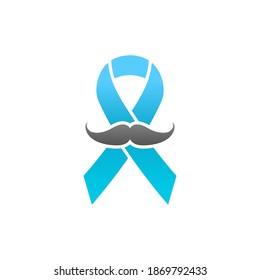 Prostate Cancer Awareness Ribbon with Mustache. Blue men health sign. Vector November holiday concept.