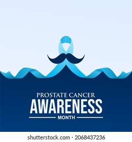 Prostate cancer awareness ribbon with mustache. Male health symbol. Men's cancer prevention in November. Blue color concept. 