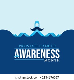 Prostate cancer awareness ribbon with mustache. Male health symbol. Men's cancer prevention in November. Blue color concept