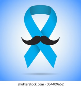 prostate cancer awareness ribbon on blue background. light blue ribbon with mustache. vector illustration