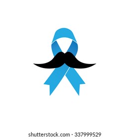 Prostate Cancer Awareness Ribbon Vector Icon On Blue Background. Light Blue Ribbon With Mustache.