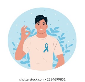 Cinta de sensibilización al cáncer de próstata con. 11 de junio - Día Mundial contra el Cáncer de Próstata. Un hombre y un símbolo de la salud de los hombres. Ilustración vectorial plana.