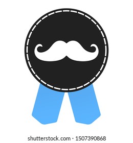 Prostate cancer awareness symbol information. Men support badge label with blue ribbon, mustaches and badge pin flat style design vector illustration isolated on white background.