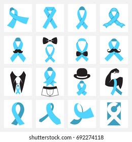 Prostate cancer awareness symbols. Collection of blue awareness ribbon icons isolated on a white background. Vector illustration