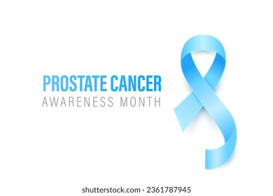 Prostate Cancer Banner, Card, Placard with Vector 3d Realistic Blue Ribbon on White Background. Prostatea Cancer Awareness Month Symbol Closeup, September. World Prostate Cancer Day Concept