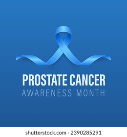 Prostate Cancer Banner, Card, Placard with Vector 3d Realistic Blue Ribbon on Blue Background. Prostate Cancer Awareness Month Symbol Closeup, September. World Prostate Cancer Day Concept