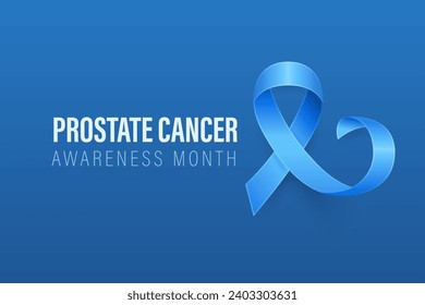 Prostate Cancer Banner, Card, Placard with Vector 3d Realistic Blue Ribbon on Blue Background. Prostate Cancer Awareness Month Symbol Closeup, September. World Prostate Cancer Day Concept