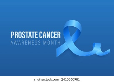 Prostate Cancer Banner, Card, Placard with Vector 3d Realistic Blue Ribbon on Blue Background. Prostate Cancer Awareness Month Symbol Closeup, September. World Prostate Cancer Day Concept