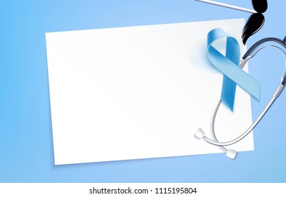 Prostate Cancer Blue Awareness Ribbon Background. Prostate cancer awareness symbol and stethoscope on blue background. Vector illustration
