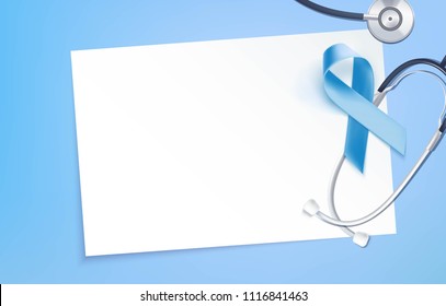 Prostate Cancer Blue Awareness Ribbon Background. Prostate cancer awareness symbol and stethoscope on blue background. Vector illustration