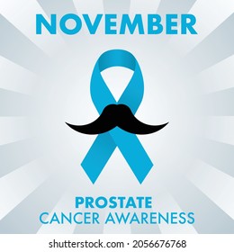 Prostate Cancer Blue Awareness Ribbon with Moustache, November month of struggle against prostate cancer.