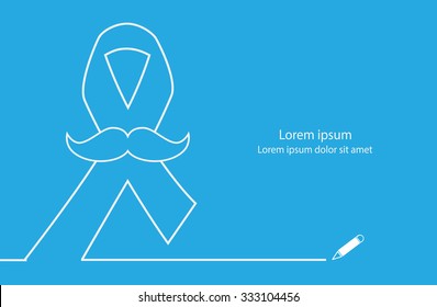 Prostate cancer blue ribbon awareness with mustache. Line design vector.