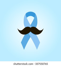 Prostate cancer blue ribbon awareness with mustache. Vector illustration.