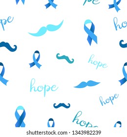 Prostate cancer blue ribbon and mustache awareness seamless pattern on white background. Blue ribbon, hope and mustache. Vector illustration ESP10.