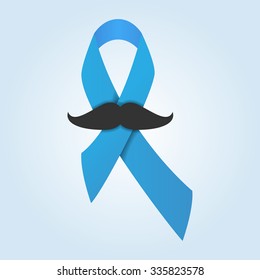 Prostate cancer blue ribbon and mustache. November support men day vector.