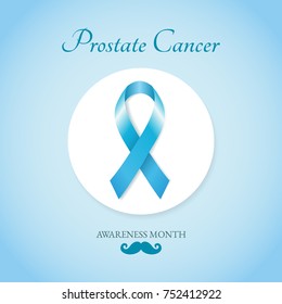 Prostate cancer card with blue ribbon and mustache. Vector illustration.