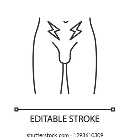 Prostate cancer linear icon. Thin line illustration. Men's reproductive system disease. Male infertility, genital problem. Groin pain. Contour symbol. Vector isolated outline drawing. Editable stroke