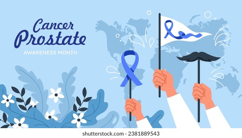 Prostate cancer poster. Hands with blue ribbon and flags. Mont of awareness, international holiday. Health care and treatment, prevention. Cover or banner. Cartoon flat vector illustration