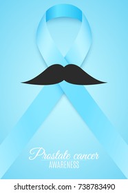 Prostate cancer ribbon awareness. Fighting cancer. Light blue ribbon with a man's mustache. The month of November. Vector illustration