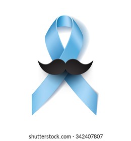 Prostate cancer ribbon awareness isolated on white background. Light blue ribbon with mustache. Vector illustration