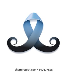 Prostate cancer ribbon awareness isolated on white background. Light blue ribbon with mustache. Vector illustration